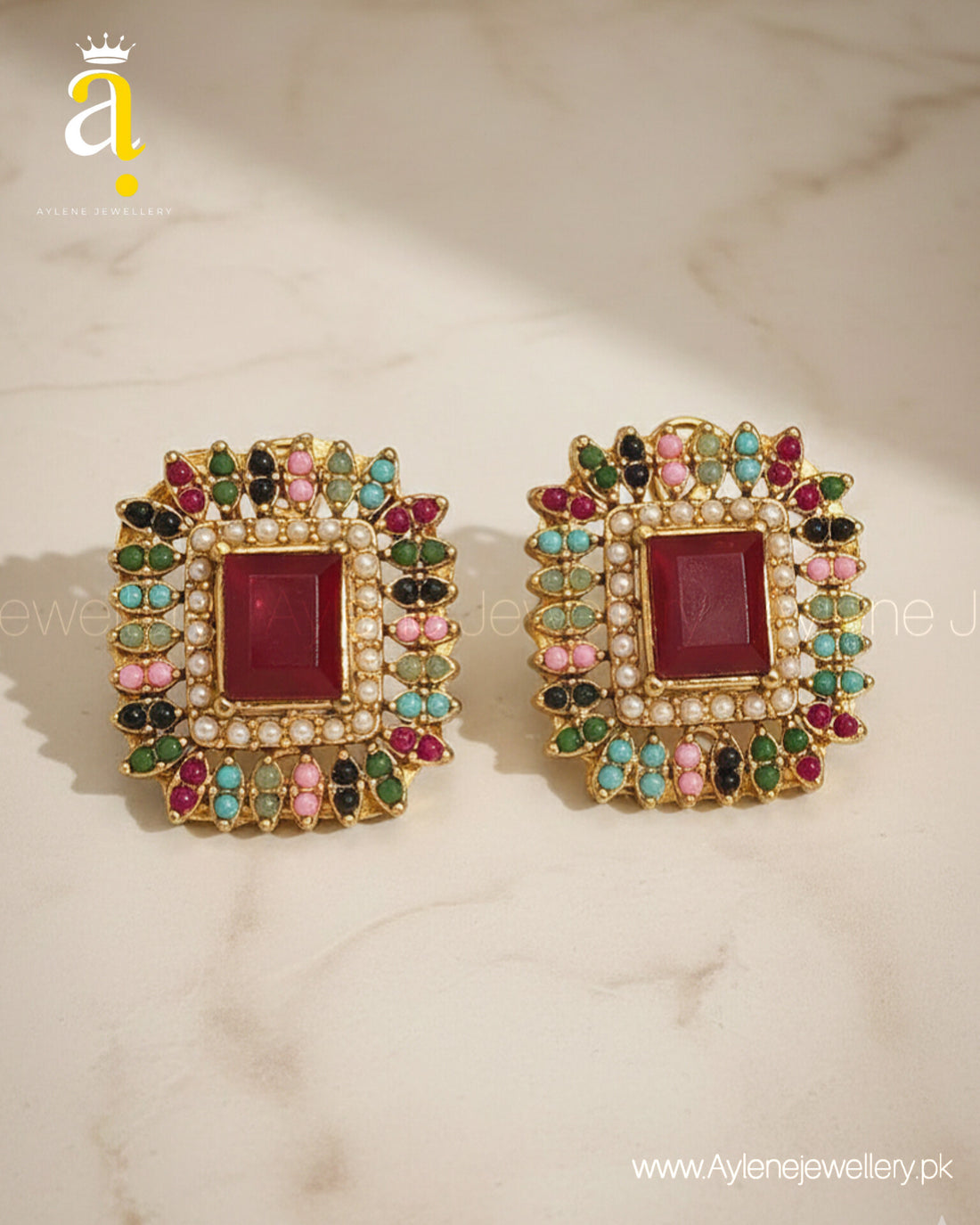 Multicolor Earrings with Red Square Stone