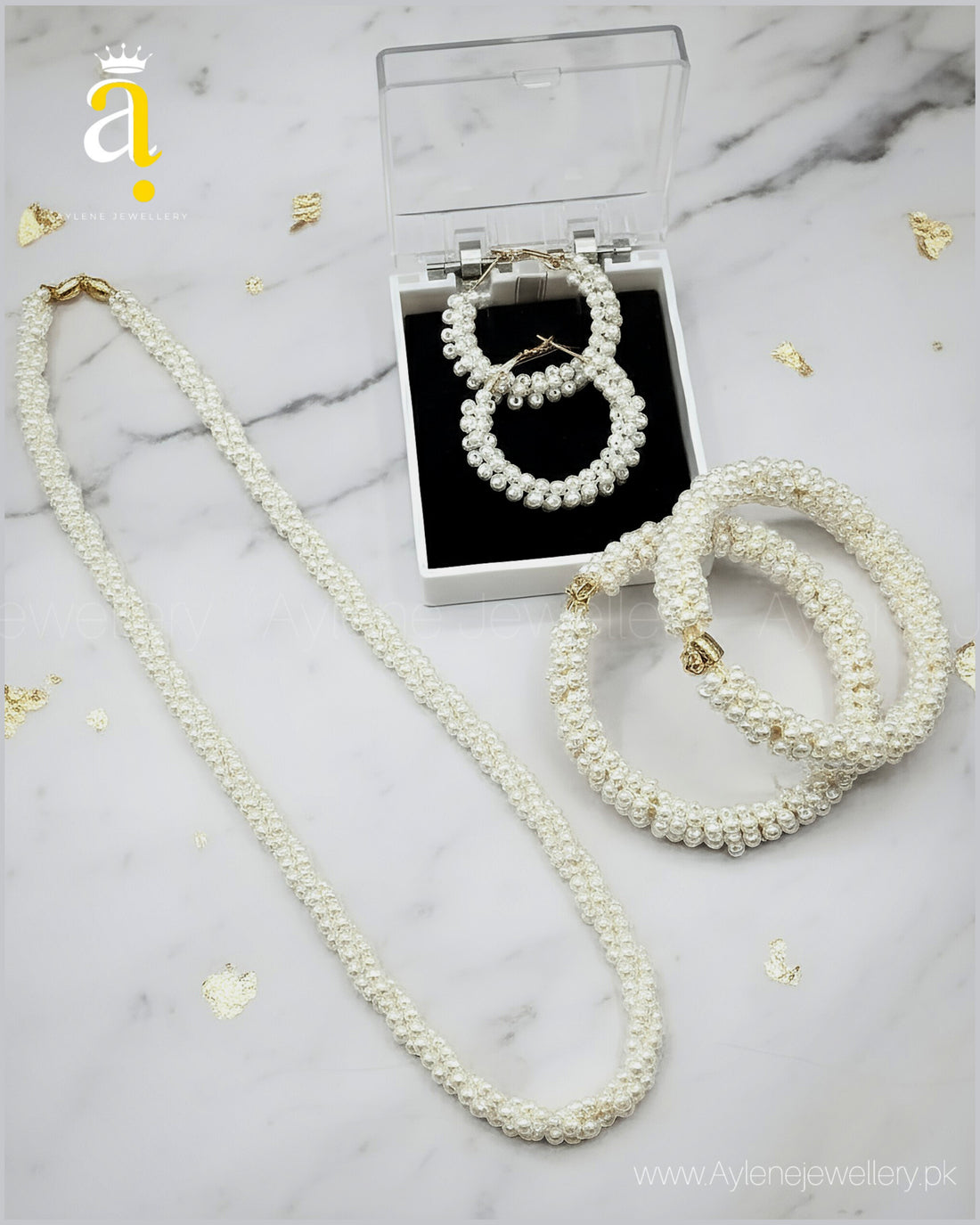 White Pearl Set with Mala, Earrings & Bangles