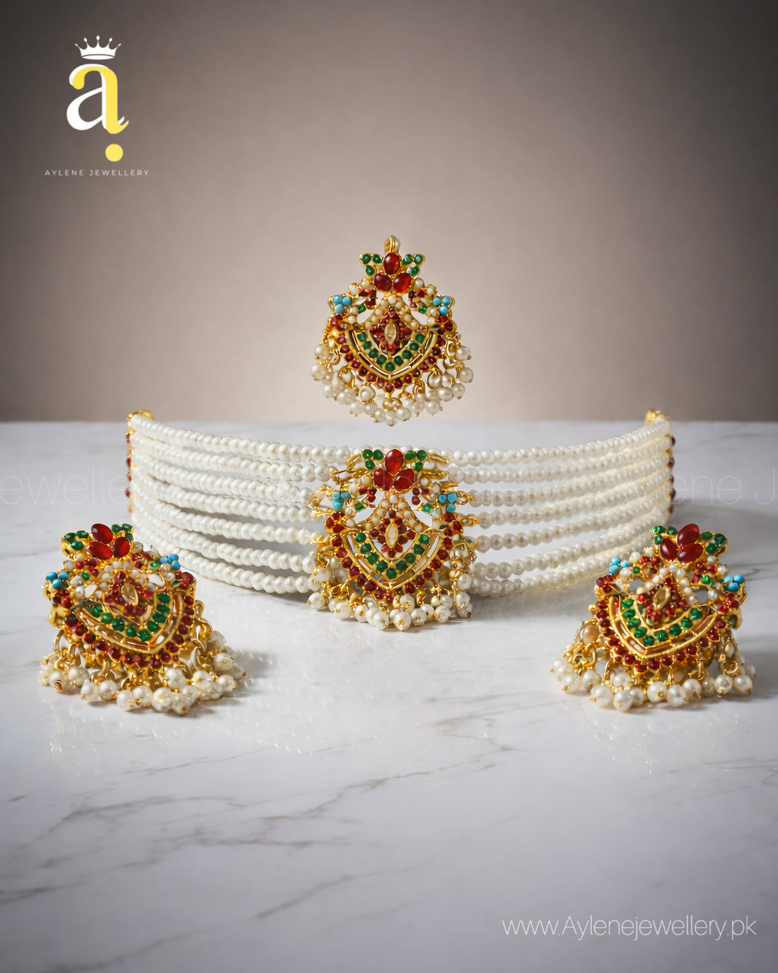 Multi Choker Set – Red & Green Stone Bridal Jewellery
